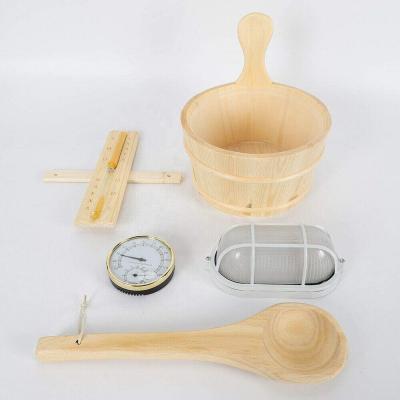 China Spa Sauna Kit Pail Wooden Bucket Dipper Lamp Traditional Pocket Home Timer with Thermometer Water Scoop Hourglass Sauna Accessory Bundle for sale