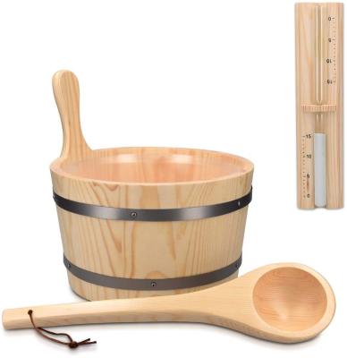 China Traditional Sauna Wooden Bucket With Pocket Spa Essential Accessory For Steam Bath Pine Wood Bucket Liner Pocket Plastic Sand Timer for sale