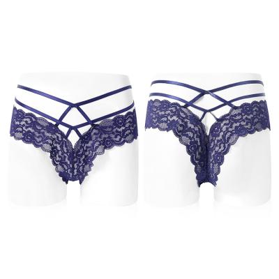 China Breathable High Quality Mid Rise Royal Blue Sexy Thong Lace Up Sheer Lingerie Hollow Out Panties G - String Women Girls for sale