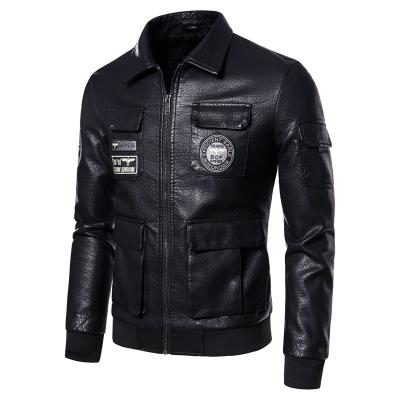 China Breathable Men's Premium Black Leather Multi Pocket Blazer Lapel Zipper Biker Bomber Jacket for sale