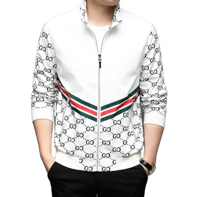 China Casual Men's Black And White Zipper Knit Print Letter Twill Bar Victory Logo Pocket Long Sleeve Jacket for sale