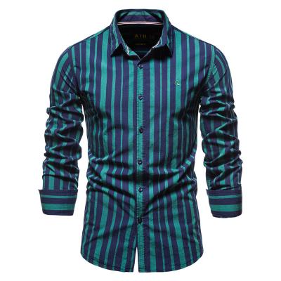 China Breathable Non-Deformation Vertical Easy-Care Cotton Men's Striped Long Sleeve Top Shirt for sale