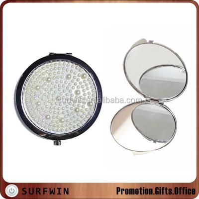 China Gifts/promotion/souvenir metal diamond pocket mirror/cosmetic mirror/compact mirror with pearl cover for sale