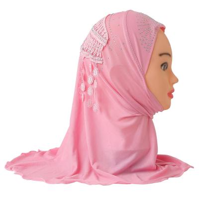 China Ethnic Muslim Tassel Amira Turban Head Scarf Shawl One Piece Kids Girls Hijab Wrap Arabic Islamic Rhinestone Prayer Hijabs Hat for sale