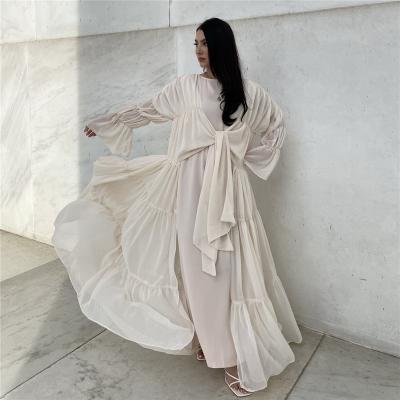 China Islamic Ramadan Kimono Maxi Robe Tunic Dress Open Women Fashion Chiffon Long Ruffle Dress Elegant Muslim Arab Open Kaftan Abaya Dubai for sale