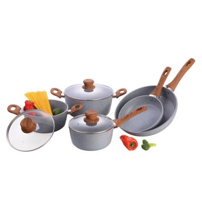 China 8Pcs high quality viable forged aluminum marble set juego de ollas de cookware with wooden handle for sale