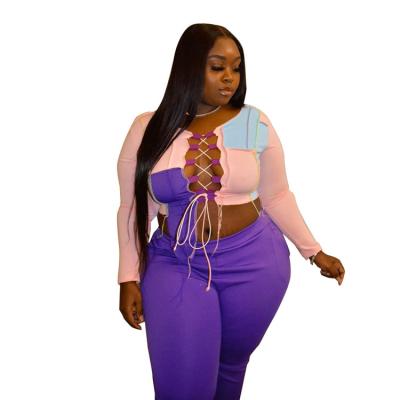 China Women Breathable Drawstring Plus Size Two Piece Contrast Color Bandage Drawsting Two Piece Set for sale