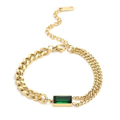 China Wholesale Punk Geometric Green CZ Stone Chain 18K Gold Plated Customize Stainless Steel Bracelet for sale