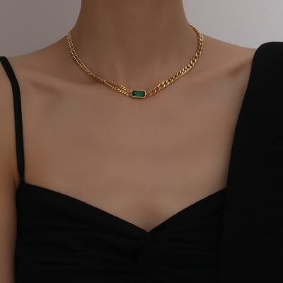 China Fashionable Europe and America Geometric Green Stone Crystal Gold Plated Stainless Steel CZ Choker Jewelry Chain Necklace for Women for sale