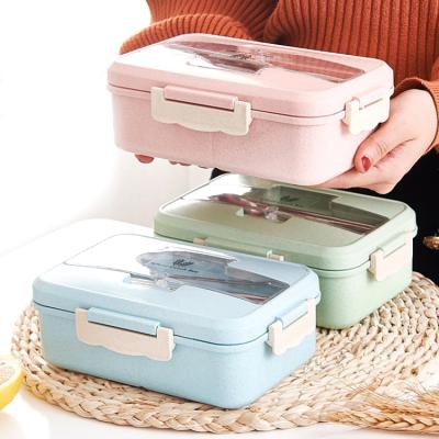 China Freshness Preservation Wheat Straw Japanese Bento Box Lunch For Kid With Cutlery Handle, Bpa Free Reusable Eco Friendly Kids Plastic Desktop Lunch Box for sale