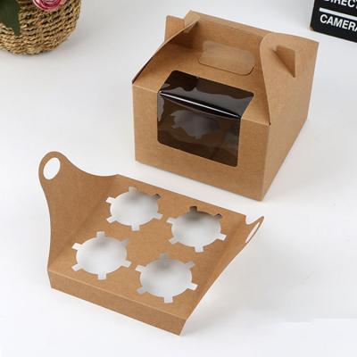 China Creative Popular Wholesale 9x12x3x3 Recyclable Flat Shipping Brown Kraft Box Customized 4hole Kraft Package Cupcake Boxes With Window Insert for sale