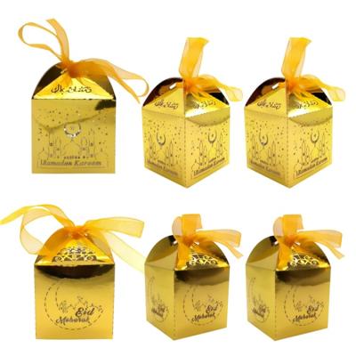 China 100pcs Simple Design Color Recyclable Custom Printing Islamic Muslims Gift 100pcs Eid Ramadan Mubarak Decoration Paper Hollow Cut Gold Candy Box for sale