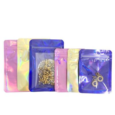 China Moisture Proof Ready To Ship Resealable Holographic Zipper Lock Shiny Jewelry Gift Packaging /Cute Candy Bag With Clear Front for sale