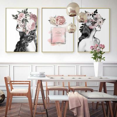 China Modern Wall Art Canvas Paintings Fashion Figure Hat Girl in Peony Flower Wreath Art Prints for sale