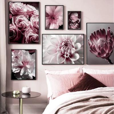 China Eco-friendly Recyclable Materials Large Pink Peony Rose Flower Leaves Wall Art Canvas Painting Nordic Posters And Prints Wall Pictures For Living Room Living Room Decor for sale