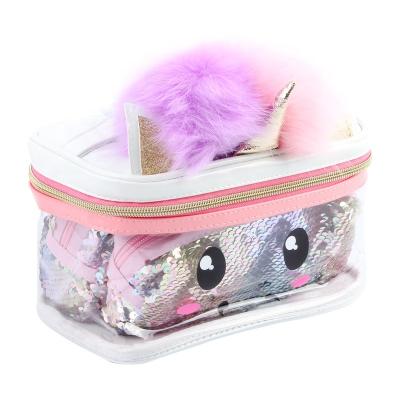 China Professional Lady Cosmetic Bag Unicorn Rainbow PVC Makeup Bag with 2pcs Sequin Cosmetic Pouch for sale