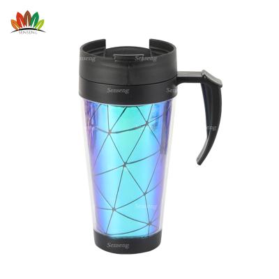 China DOUBLE WALL car mug with plastic handle with iridescent green faux leather insert for sale