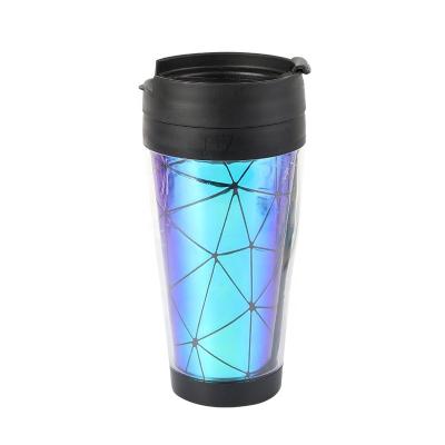 China 400ml DOUBLE WALL Car Cup Plastic Travel Mug With Iridescence Green Faux Leather Insert for sale