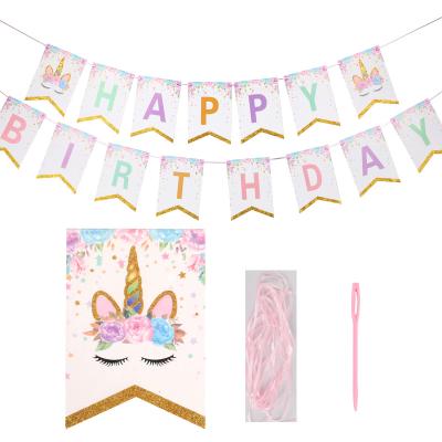 China Promotional Cake Flag Decoration Wedding Glitter Gold Foil Unicorn Happy Birthday Party Banner for sale