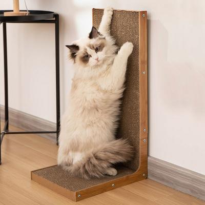 China Cat Scratch Board Corner Wall Vertical L Shaped Viable Mounted Cat Scratcher Corrugated Paper Scratching Cardboard Wood for sale