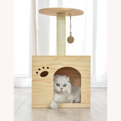 China Sisal Wooden Solid Cat Climbing Post Scratching Post Cat Scratcher of OEM Viable Tower Cat Tree House Condo Bed for sale