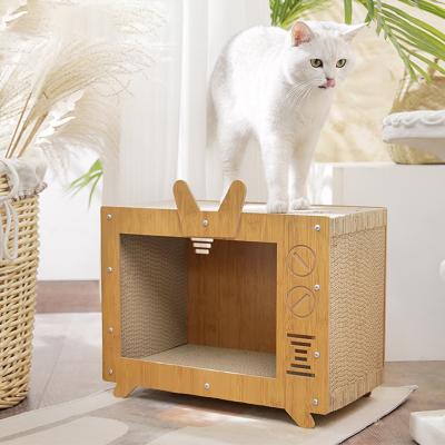 China Sustainable TV Shaped Corrugated Cardboard Solid Wooden House Cat Scratching House Cat Scratcher Posts With Bed Cat Scratcher Cardboard for sale