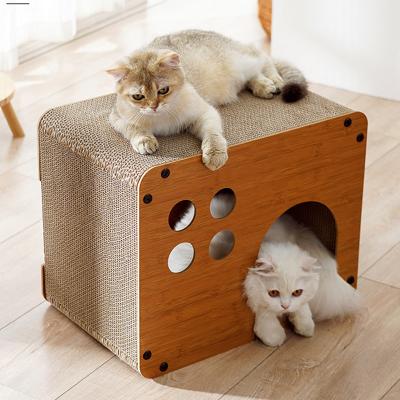 China Corrugated Paper Solid Post Viable Cat Scratcher Board House Cat Scratcher Wooden House Cardboard With Bed Cat Scratcher Cardboard for sale