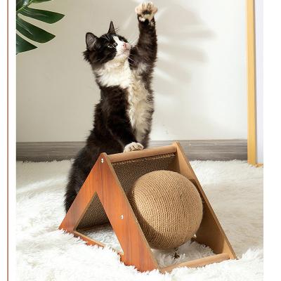 China Solid Wooden Sisal Cat Scratcher Sisal Post Wood Cat Scratcher Cardboard Kitten Paws Cute Viable Triangle Sisal Ball Scratcher for sale