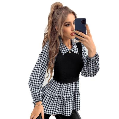 China Main Fashion Anti-Shrink Women Spring 2022 New Long Shirt Women Long Sleeve Plaid Similar Two-Piece Set Blouse for sale