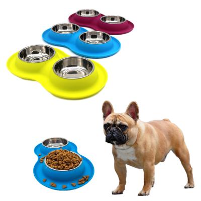 China Sustainable 2 Pcs Stainless Steel Dog Bowls With 1 Pcs No Spill Non-Slip Silicone Pet Bowls With Mat for sale