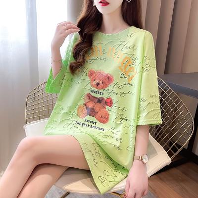 China Summer New Cavity Printing Bear Sash Style Anti-pilling Short Sleeve T-shirt Ladies Mid Length Round Neck High Quality for sale