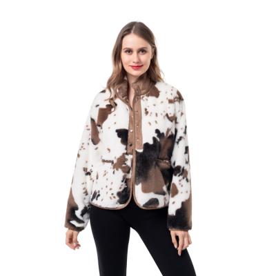 China Breathable 1/2 Zipper Cow Print Sherpa Faux Fur Jacket With Pocket For Women for sale