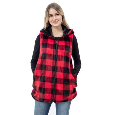 China Sustainable Apparel Wholesale Reversible Buffalo Plaid Sherpa Vest With Hoodie For Women for sale