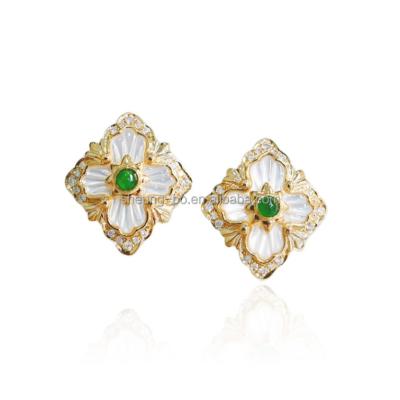 China CLASSIC Rhombus Diamond Shaped Retro Pattern Natural Emerald Diamond White Shell Stud Earring in 18k Gold for Women Gift for sale