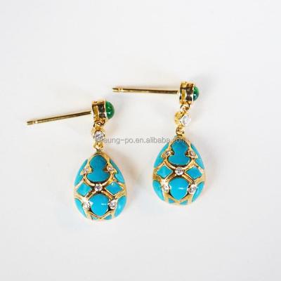 China Classical High Quality Women Real 18k Gold High Quality Pear Shape Design Emerald Turquoise Diamond Stick Pendant Earrings Natural Jewelry for sale