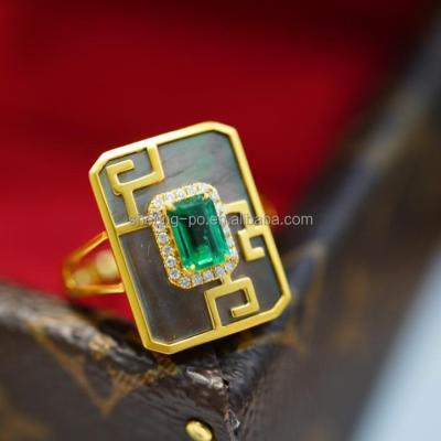 China Natural Emerald Black Shell Gold Women Gift OEM ODM High Quality Ring Jewel In 18k New Design Chinese Tranditional Ethnic Pattern Real for sale