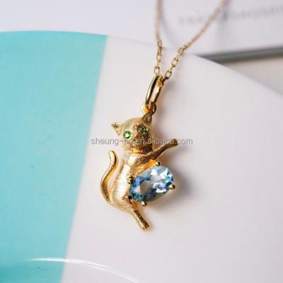 China Hot Sale Cute Cat Pendant Natural Aquamarine In Real Cute 18k Gold Animal Jewelry For Women Girls Gift for sale