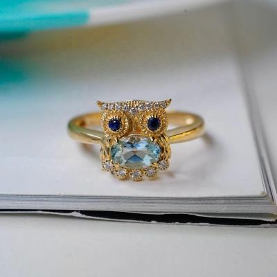 China Cute Green Blue Owl Animal Design Natural Oval Rings in 18k Solid Gold Collectible Women Jewelry Gift OEM for sale