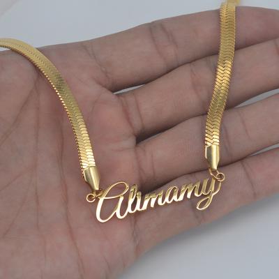 China Custom Personalized CLASSIC 24K 18K Gold Plated Flat Chain Choker Snake Nameplate Pendant Necklace for sale