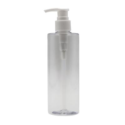 China Pet 280ml Cosmetic Flat Round Shampoo Bottles Lotion Pump Plastic Bottles for sale