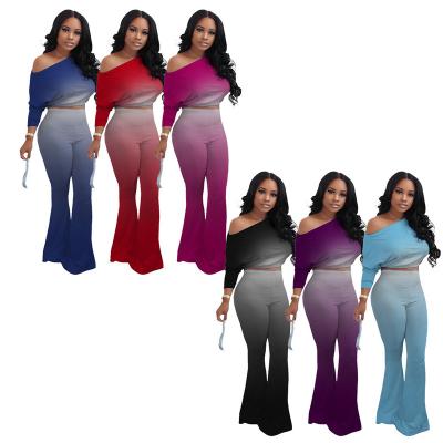 China Hot Selling Breathable Women Long Sleeve Tops And Pants Gradient Solid Color Classic Casual Two Piece Suit for sale