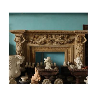 China Natural Marble Hand Carved Luxury Yellow Marble Antique Fireplace 180*150*40 for sale