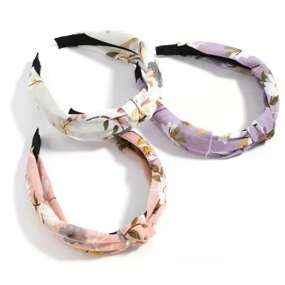 China Ladies Hair Decoration Fashion Chiffon Fabric Hair Band Korean Floral Printed Fairy Wide Bow Headband for sale