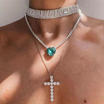 China Europe and America fashion alloy diamond set rhinestone glass heart-shaped cross multilayer necklace three-piece set for women for sale