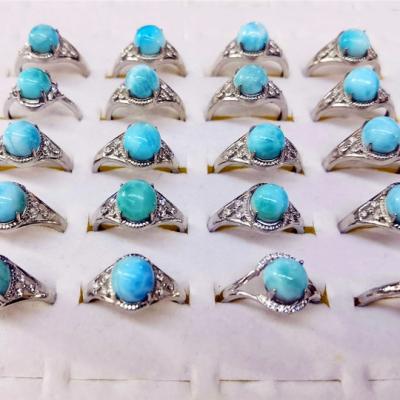 China Fashionable Wholesale Natural Soft Charm Gemstone Larimar 8MM Series Shape Silver Copper Plating Ring for sale