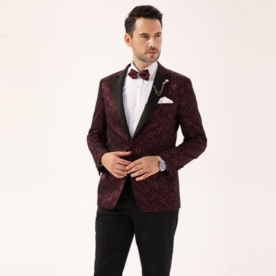 China Anti-wrinkle men's floral print blazer jacket banquet clothing fashion shawl collar men's slim blazer Burgundy for sale