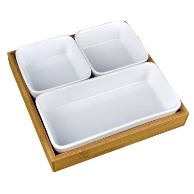 China Bamboo tray + removable ceramic bowls and multifunctional ceramic appetizer fruit snack compartment serving bowls with bamboo tray for sale