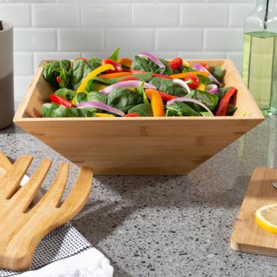 China Disposable bamboo salad bowl with serving hands for sale