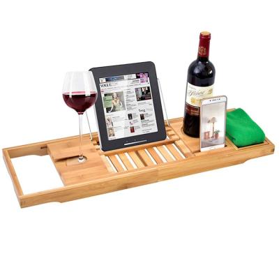 China Sustainable Adjustable Wooden Tray Expandable Natural Bamboo Bath Rack Bamboo Wine Tub Holder for sale