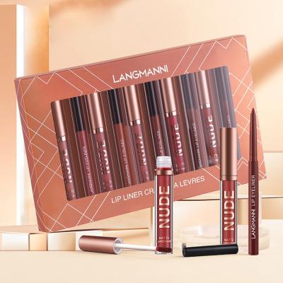 China Langmanni Waterproof 6 Colors Matte Makeup Waterproof Lipstick Lip Gloss and Liquid Lip Liner Set for sale